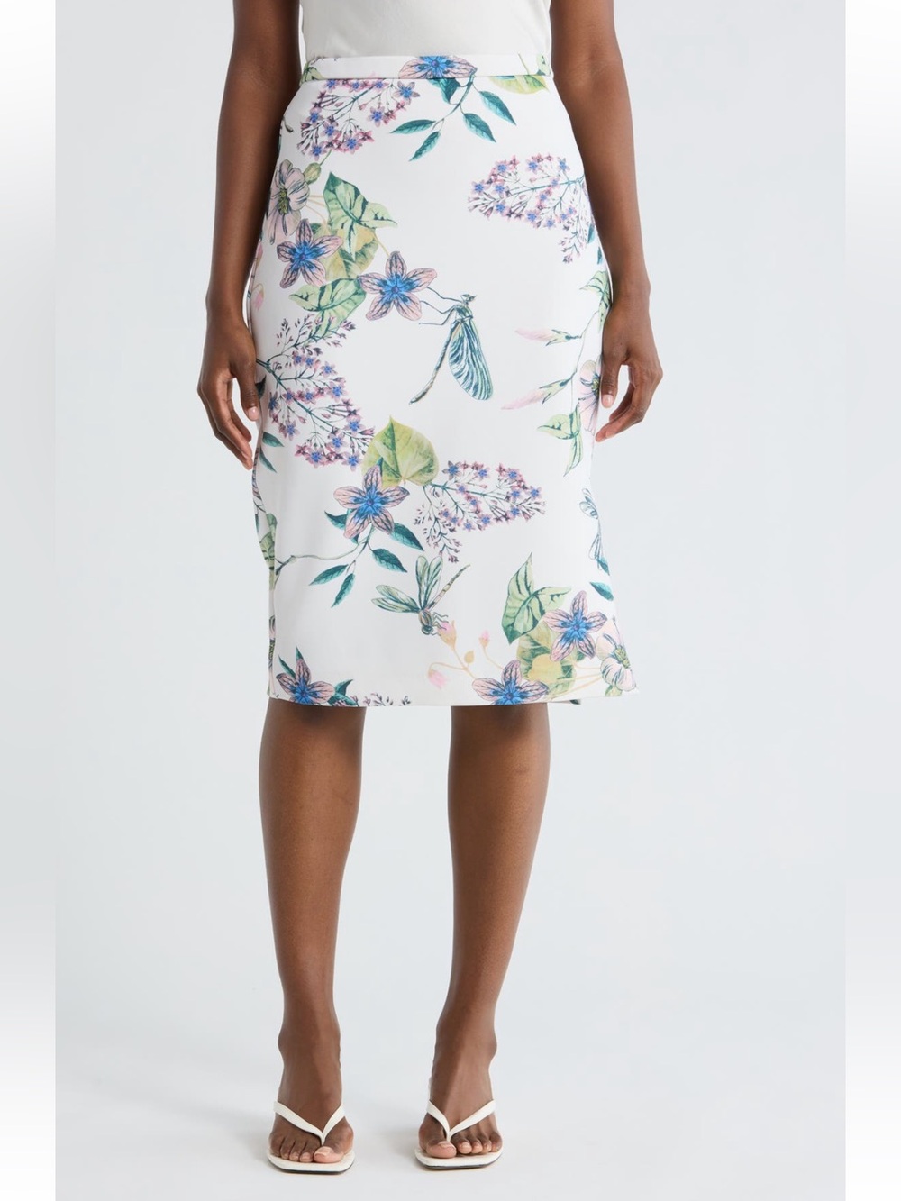 T Tahari White Floral Midi Pencil Skirt